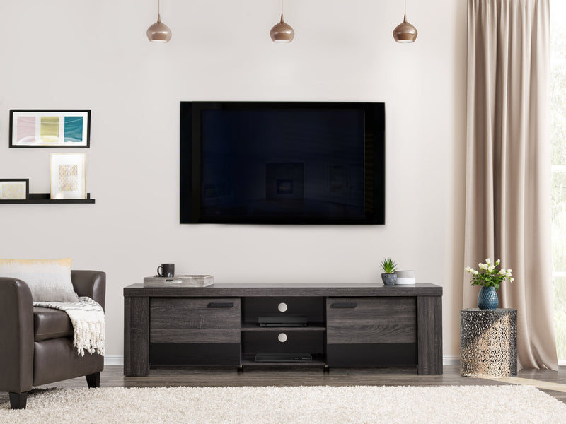distressed carbon grey black duotone Modern TV Stand with Doors for TVs up to 85" Joliet Collection lifestyle scene by CorLiving