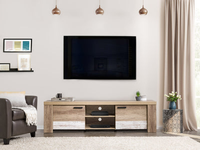 distressed warm beige white duotone Modern TV Stand with Doors for TVs up to 85" Joliet Collection lifestyle scene by CorLiving#color_distressed-warm-beige-white-duotone