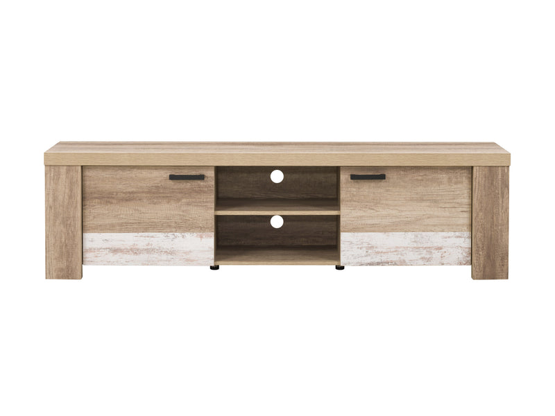 distressed warm beige white duotone Modern TV Stand with Doors for TVs up to 85" Joliet Collection product image by CorLiving