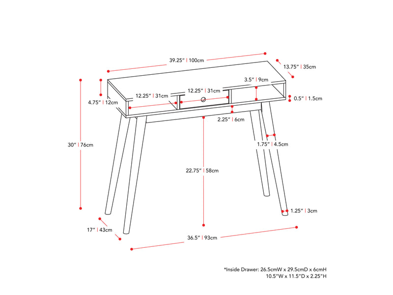 black Mid Century Desk Acerra Collection measurements diagram by CorLiving
