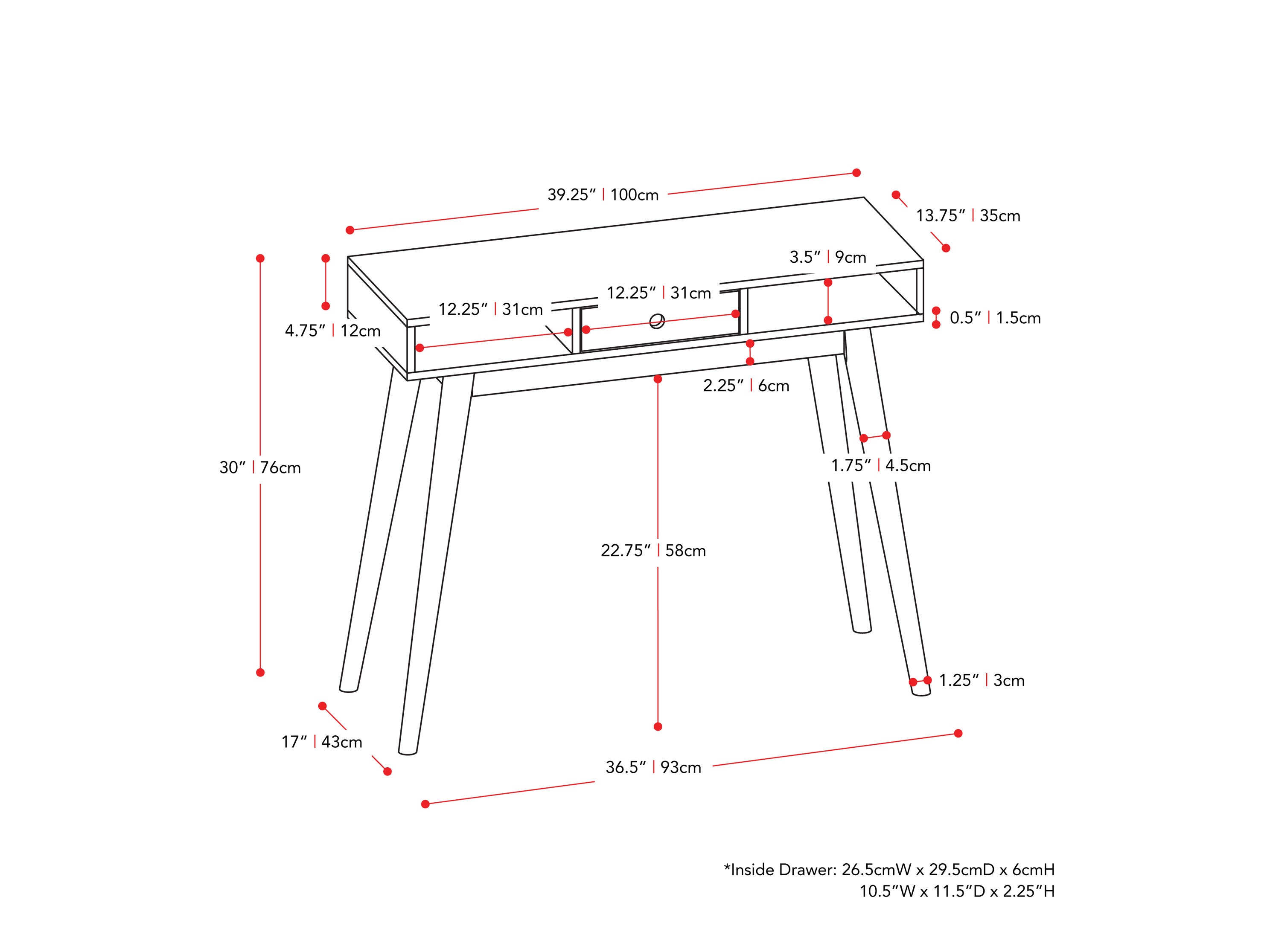 white Mid Century Desk Acerra Collection measurements diagram by CorLiving#color_white