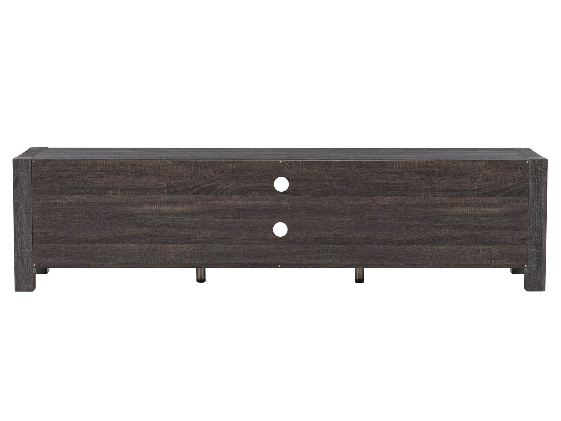 Modern wooden TV stand with doors, fits TVs up to 95 inches, featuring a sleek black finish with natural wood grain texture, minimalist design, ample storage space, and sturdy construction.