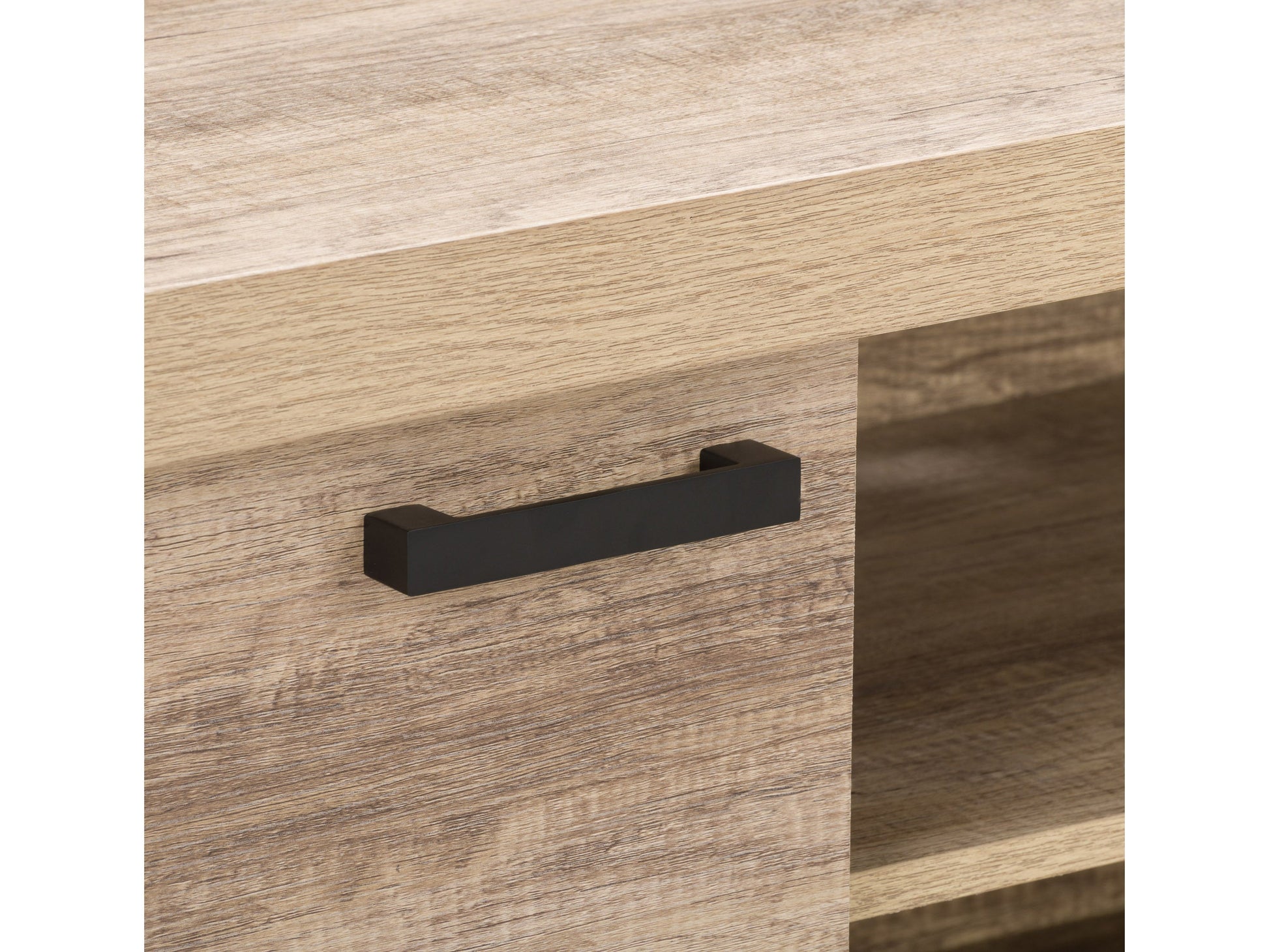 Modern TV stand for TVs up to 95 inches, featuring a sleek white finish with natural wood accents, two cabinet doors with textured patterns, and open shelving for storage and media organization.