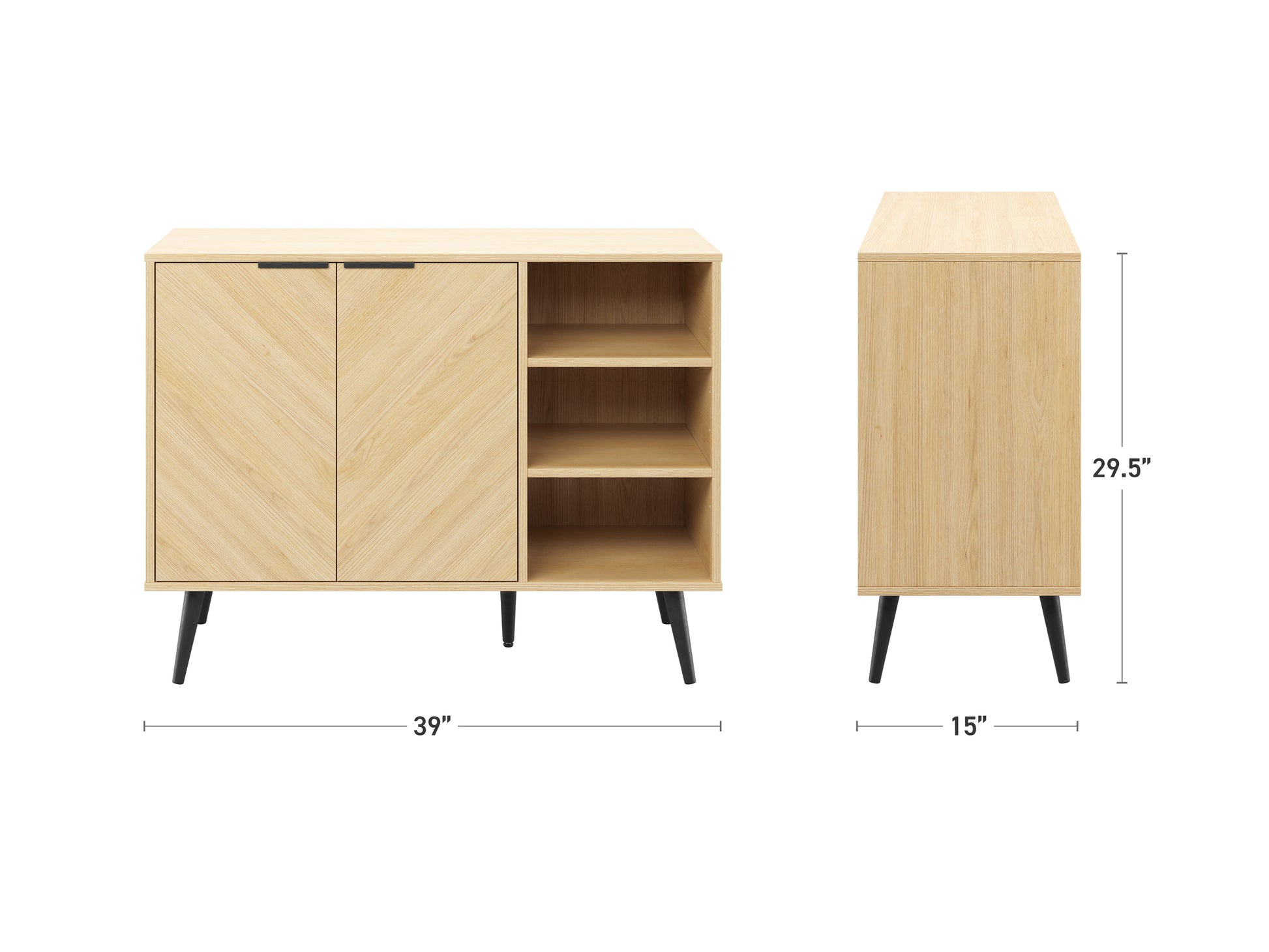 Modern wooden sideboard buffet in dark walnut finish with three drawers and two cabinets, featuring sleek black metal handles and minimalist design, ideal for contemporary living rooms or dining areas.