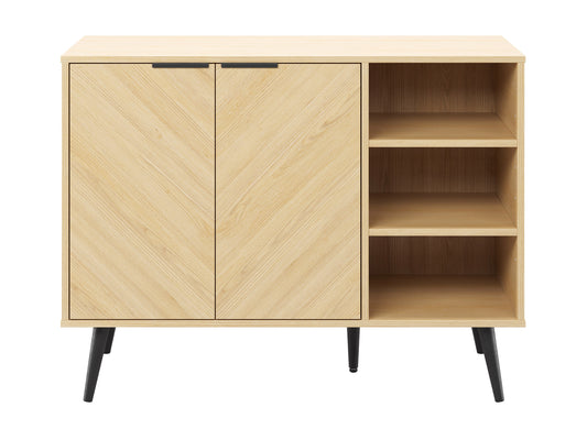 Modern wooden sideboard buffet with sleek black metal legs, featuring a natural oak finish, three spacious drawers, and two side cabinets with minimalist handles.