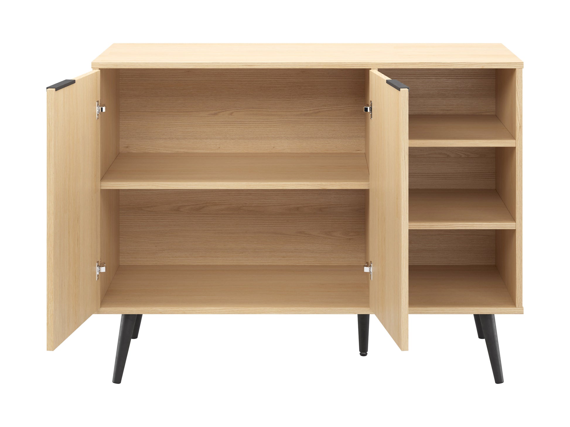Modern sideboard buffet with a sleek white finish, featuring four spacious drawers and two cabinets, accented with natural wood legs and handles. Ideal for contemporary living rooms or dining areas.