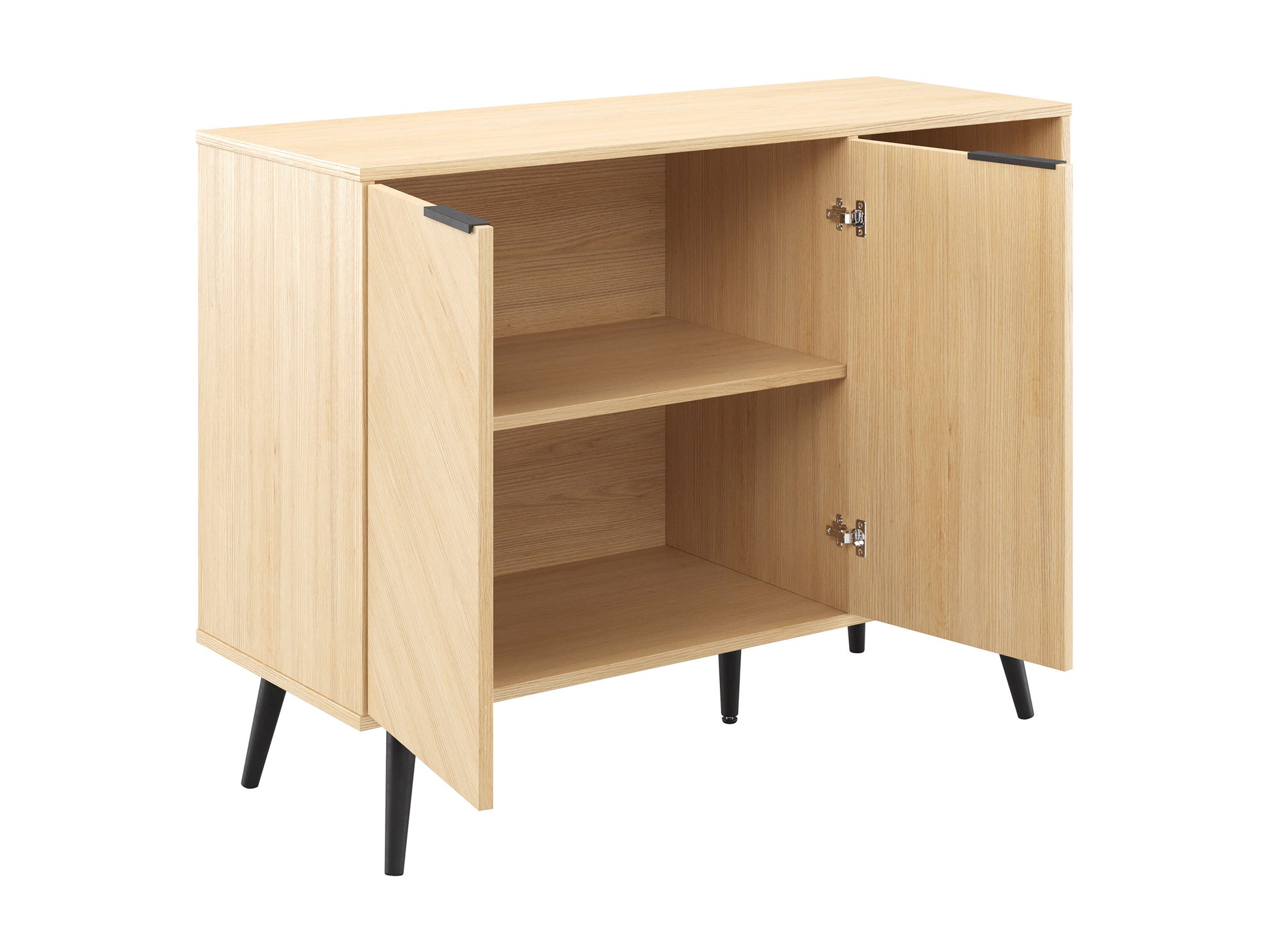 Mid-century modern sideboard buffet in walnut finish with three drawers and two cabinets, featuring sleek lines, tapered legs, and brass handles. Ideal for stylish storage in living or dining rooms.