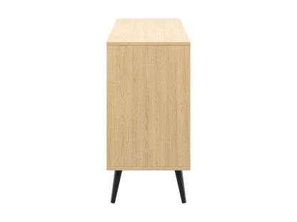 Modern sideboard buffet with sleek white finish, natural wood accents, and black metal legs. Features three drawers and two cabinets with minimalist handles, ideal for contemporary living or dining rooms.
