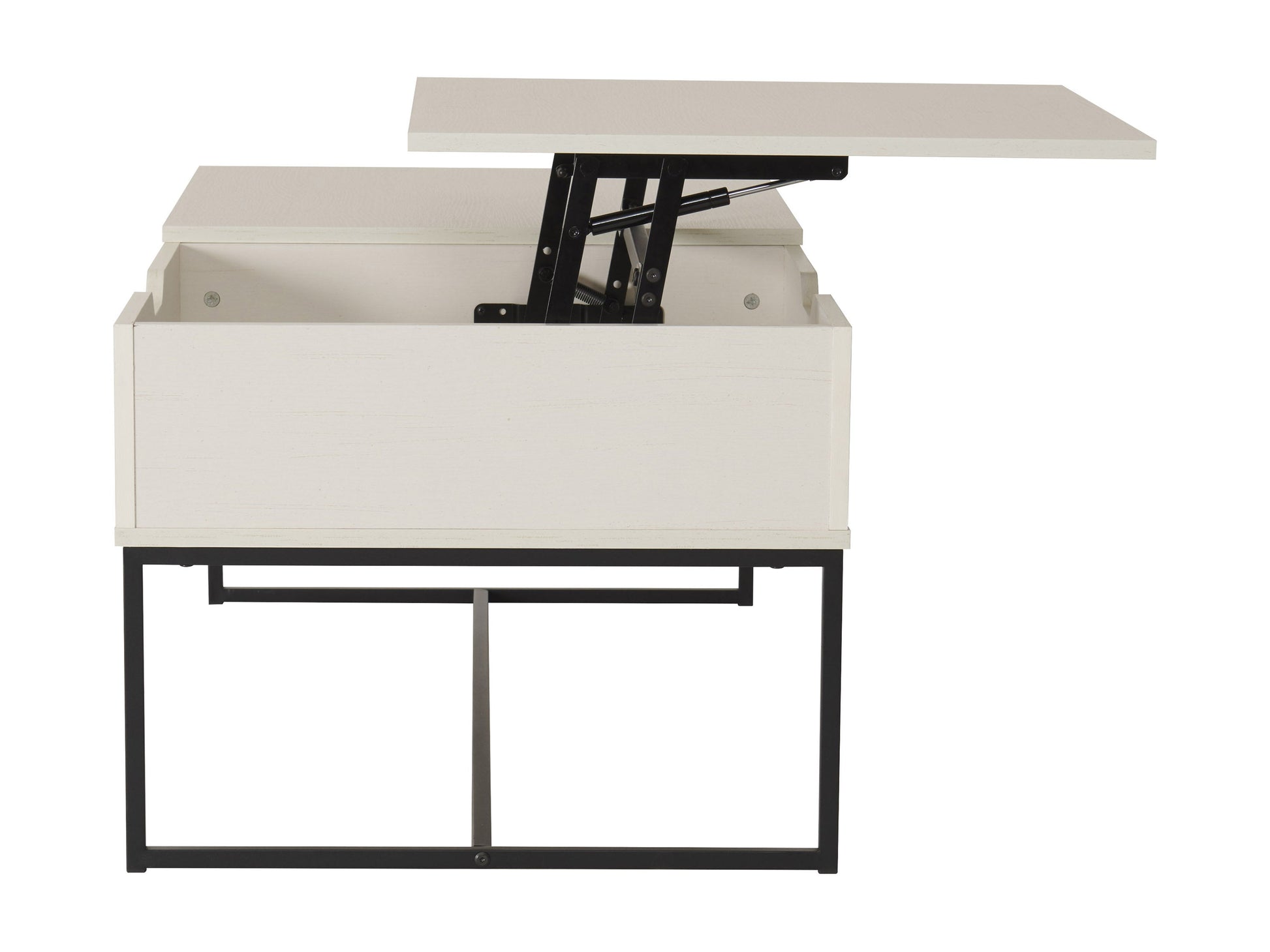 White lift top coffee table with sleek modern design, featuring a hidden storage compartment, sturdy wooden construction, and smooth finish. Ideal for contemporary living rooms and multifunctional spaces.
