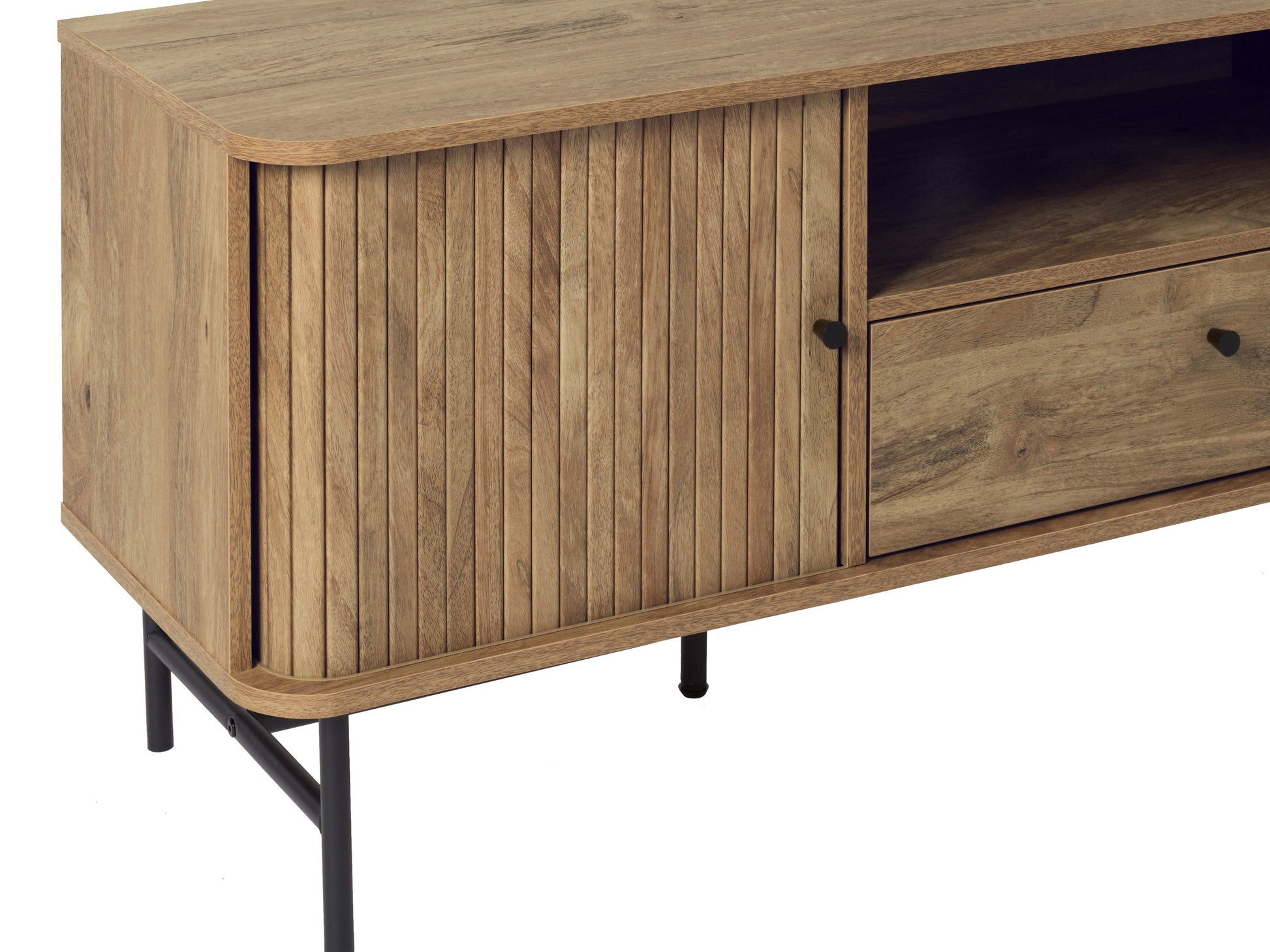 Dark wood TV stand with sleek metal legs, featuring two spacious cabinets with textured doors and open shelving for media devices, perfect for modern living rooms.