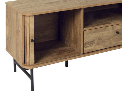 Dark wood TV stand with sleek metal legs, featuring two spacious cabinets with textured doors and open shelving for media devices, perfect for modern living rooms.