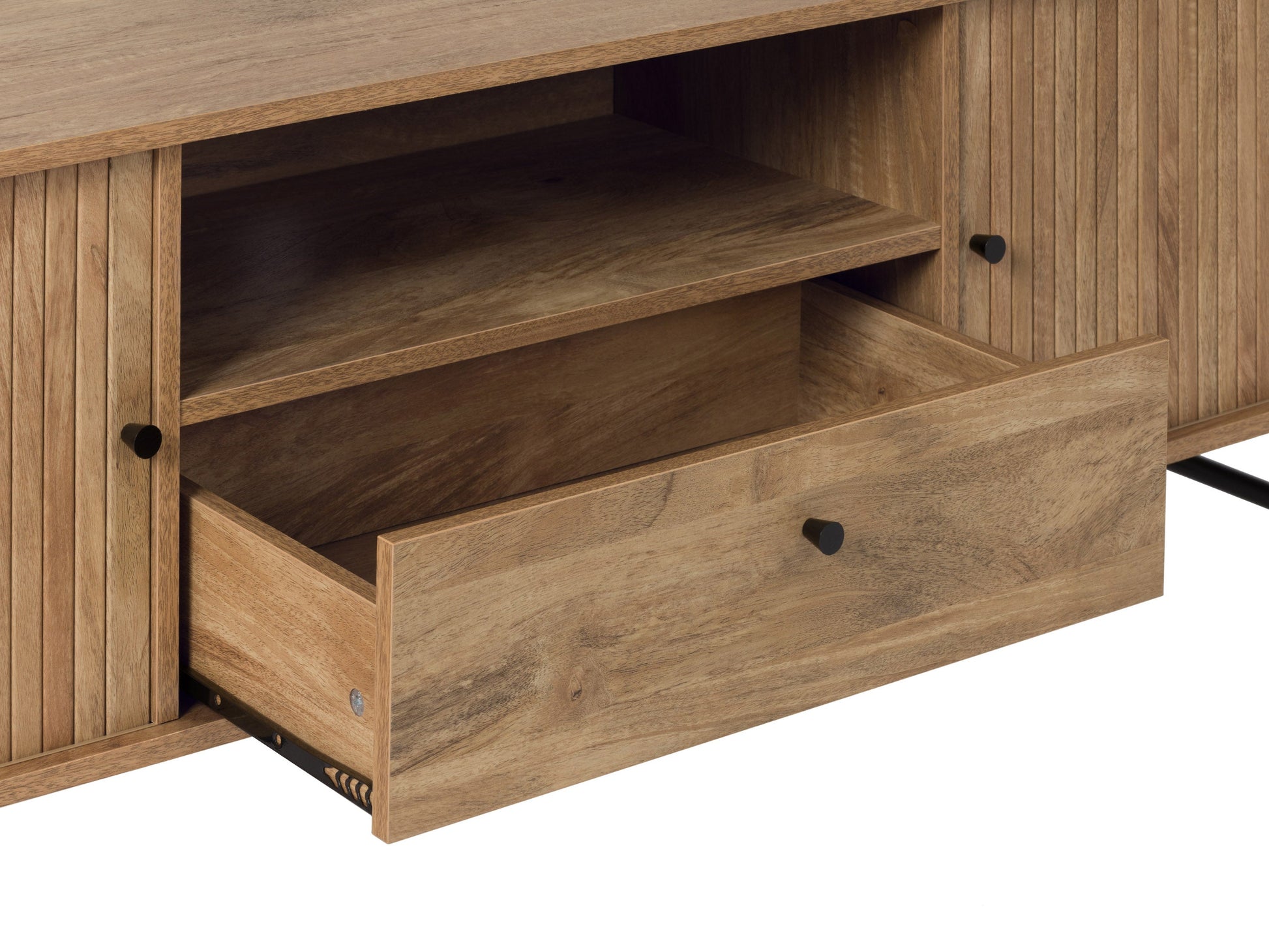 Dark wood TV stand with sleek metal legs, featuring two spacious cabinets with textured doors and open shelving for media devices, perfect for modern living rooms.