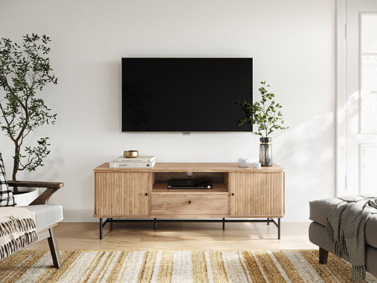 Dark wood TV stand with sleek metal legs, featuring two spacious cabinets with textured doors and open shelving for media devices, perfect for modern living rooms.