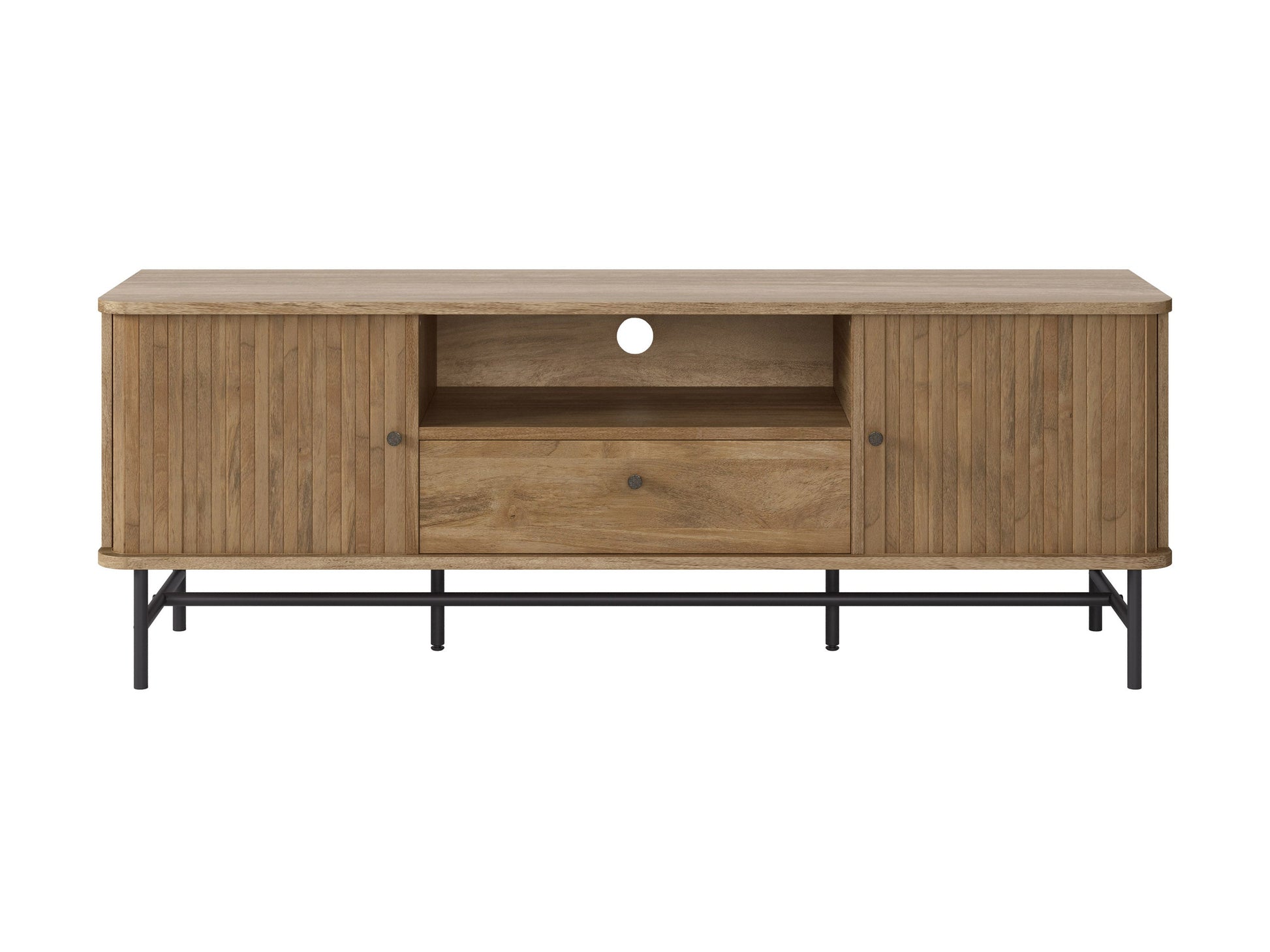 Dark wood TV stand with sleek metal legs, featuring two spacious cabinets with textured doors and open shelving for media devices, perfect for modern living rooms.