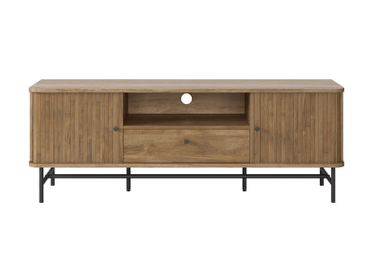 Dark wood TV stand with sleek metal legs, featuring two spacious cabinets with textured doors and open shelving for media devices, perfect for modern living rooms.