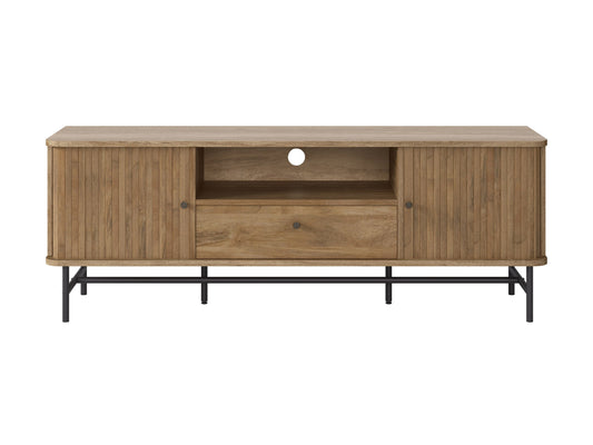 Dark wood TV stand with sleek metal legs, featuring two spacious cabinets with textured doors and open shelving for media devices, perfect for modern living rooms.