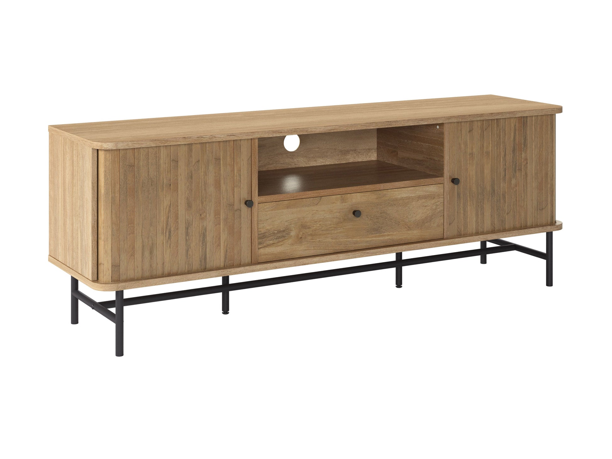 Dark wood TV stand with sleek metal legs, featuring two spacious cabinets with textured doors and open shelving for media devices, perfect for modern living rooms.