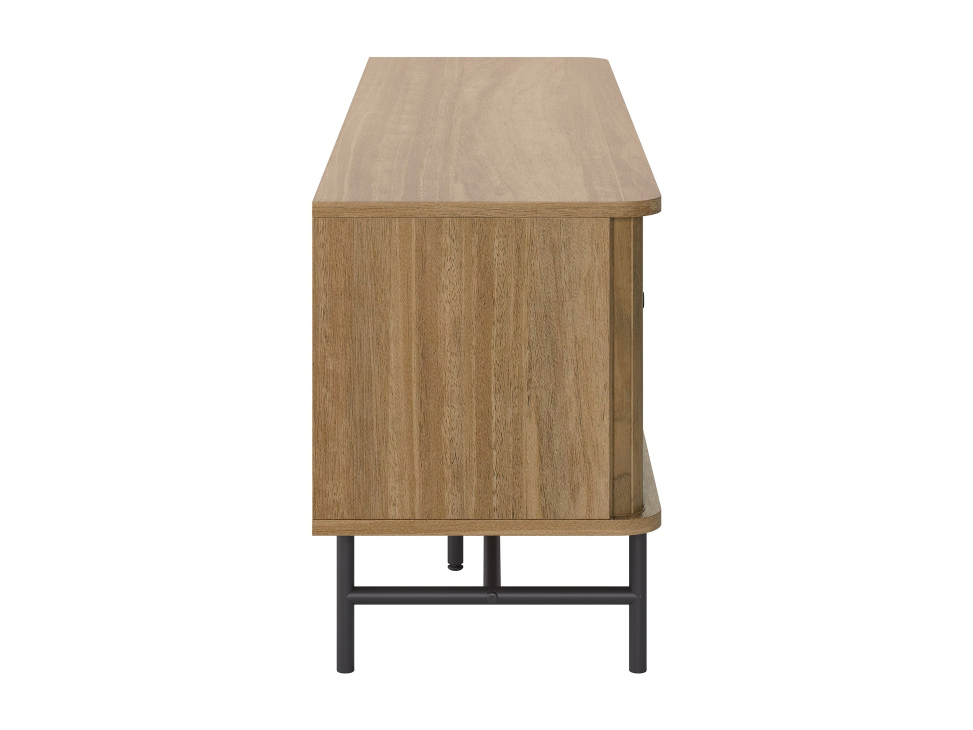 Dark wood TV stand with sleek metal legs, featuring two spacious cabinets with textured doors and open shelving for media devices, perfect for modern living rooms.
