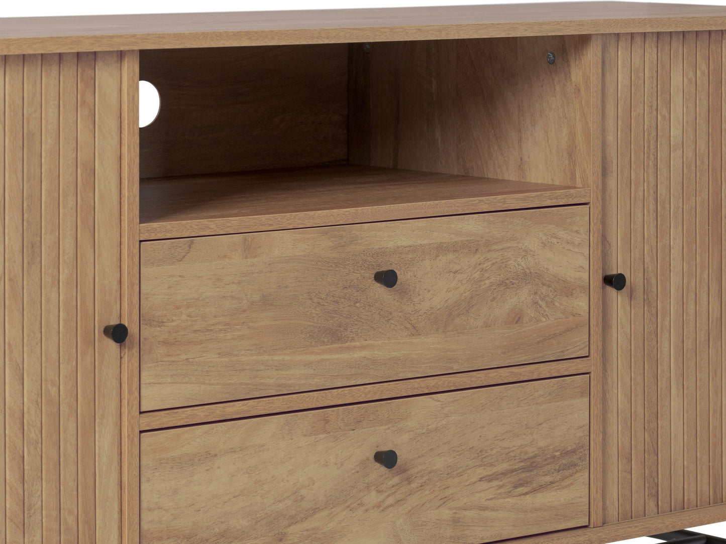 Elegant curved sideboard buffet in dark walnut wood with sleek brass handles, featuring three spacious drawers and two cabinets with intricate herringbone pattern, ideal for modern dining rooms or living spaces.