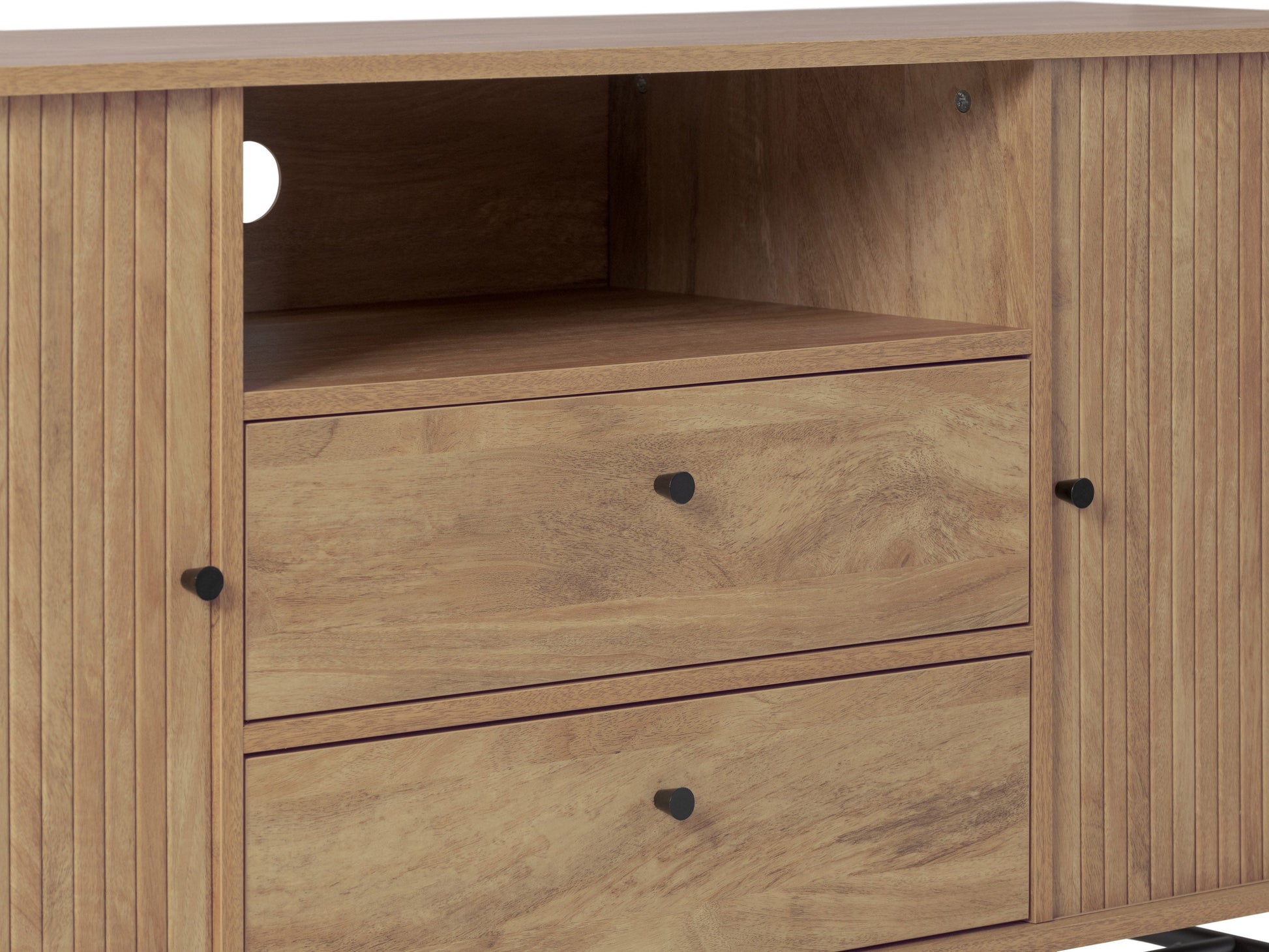 Elegant curved sideboard buffet in dark walnut wood with sleek brass handles, featuring three spacious drawers and two cabinets with intricate herringbone pattern, ideal for modern dining rooms or living spaces.