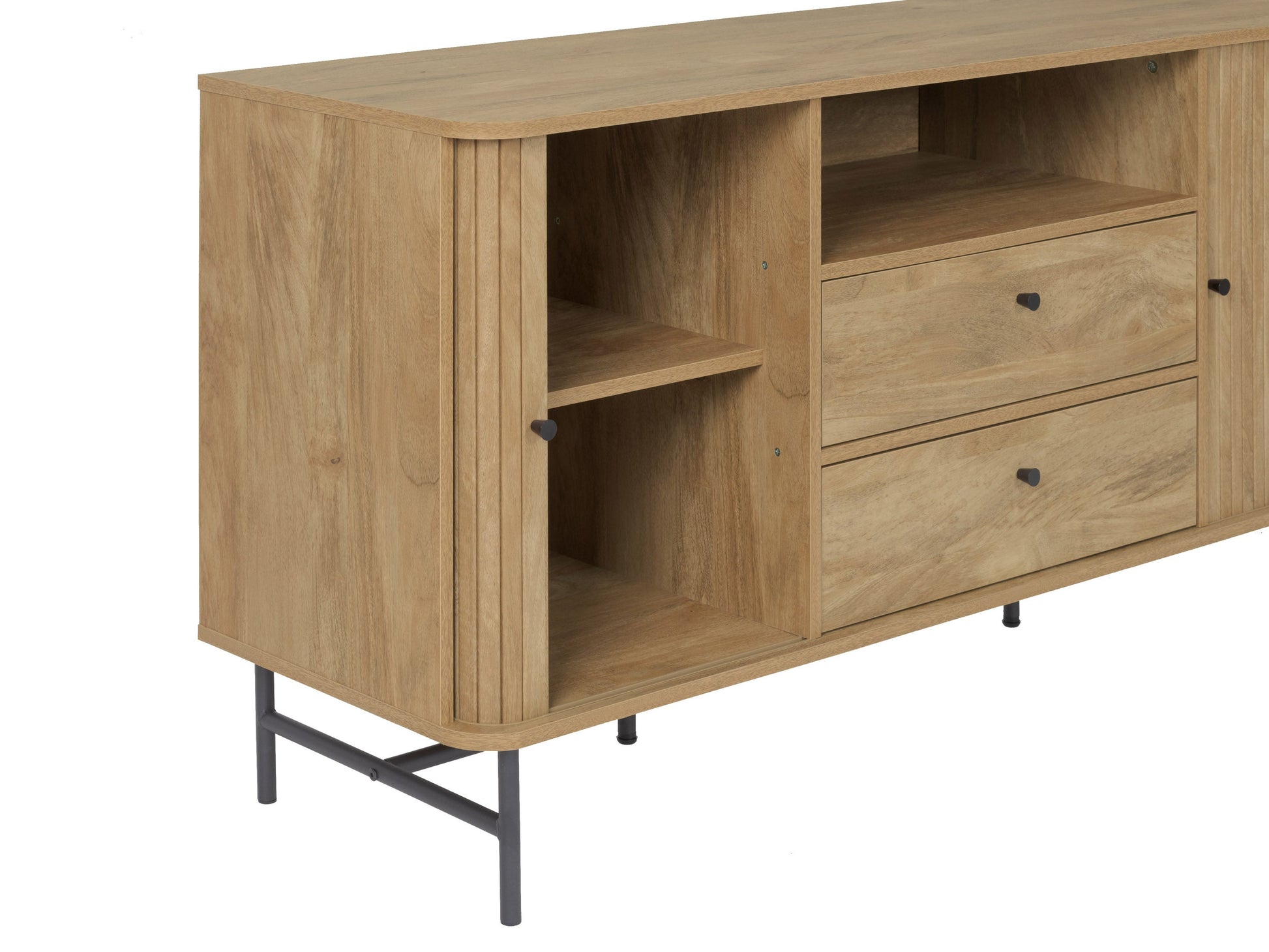 Elegant curved sideboard buffet in dark walnut wood with sleek brass handles, featuring three spacious drawers and two cabinets with intricate herringbone pattern, ideal for modern dining rooms or living spaces.