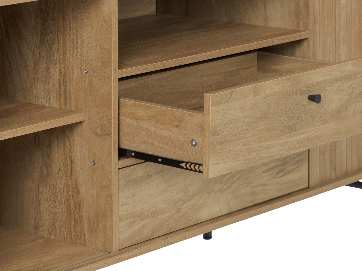 Elegant curved sideboard buffet in dark walnut wood with sleek brass handles, featuring three spacious drawers and two cabinets with intricate herringbone pattern, ideal for modern dining rooms or living spaces.