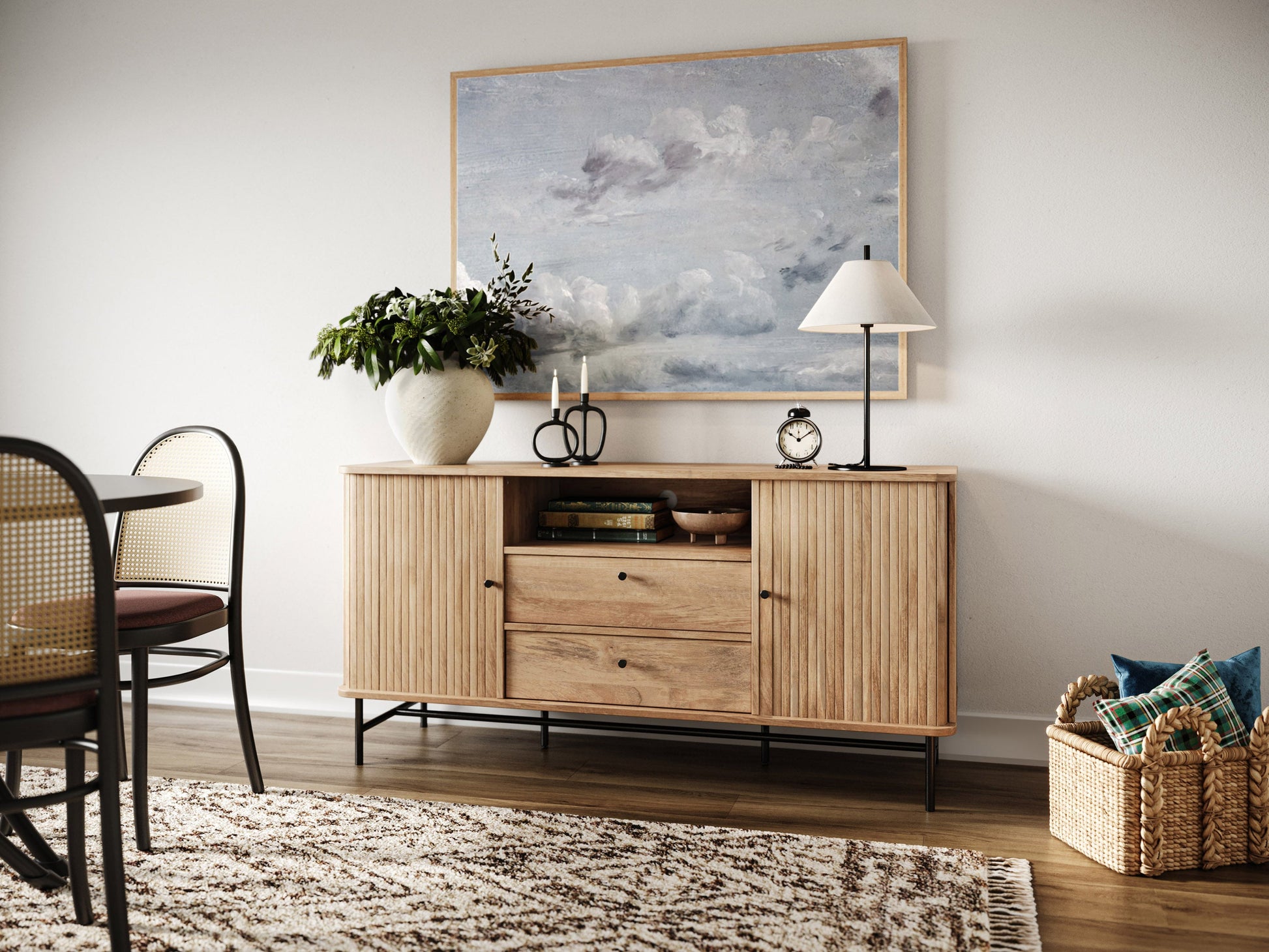 Elegant curved sideboard buffet in dark walnut wood with sleek brass handles, featuring three spacious drawers and two cabinets with intricate herringbone pattern, ideal for modern dining rooms or living spaces.