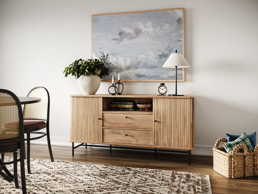 Elegant curved sideboard buffet in dark walnut wood with sleek brass handles, featuring three spacious drawers and two cabinets with intricate herringbone pattern, ideal for modern dining rooms or living spaces.