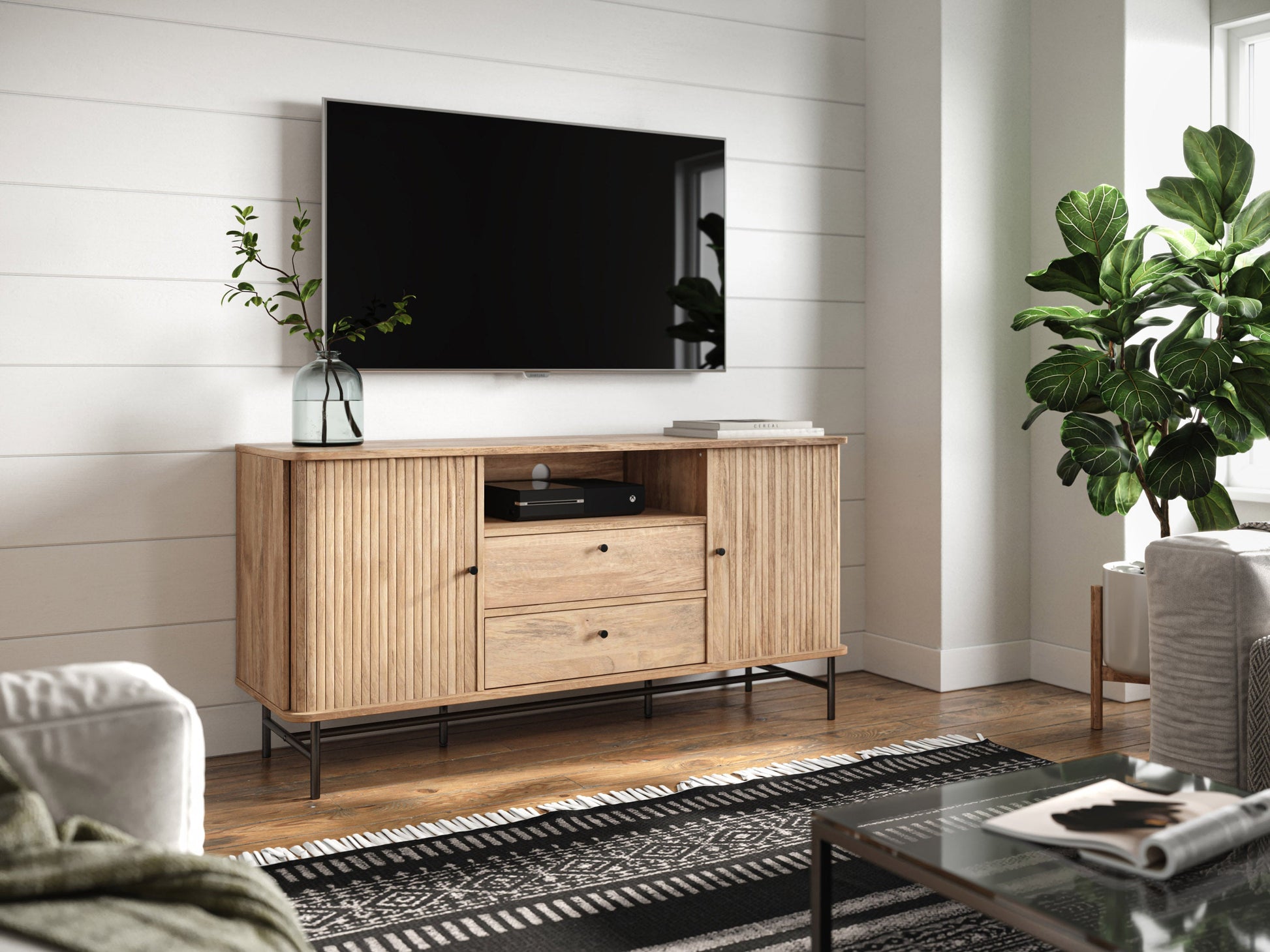 Elegant curved sideboard buffet in dark walnut wood with sleek brass handles, featuring three spacious drawers and two cabinets with intricate herringbone pattern, ideal for modern dining rooms or living spaces.