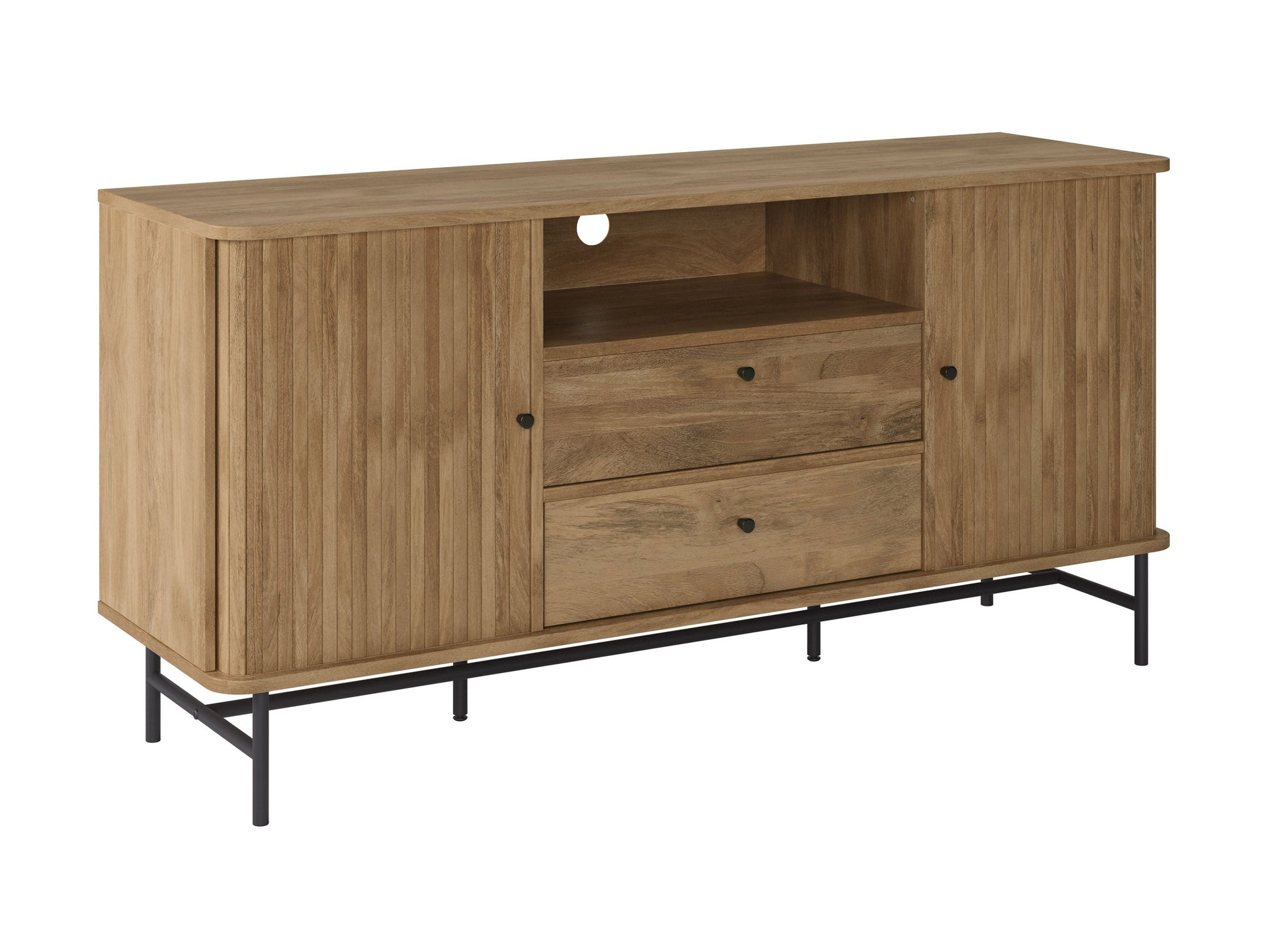 Elegant curved sideboard buffet in dark walnut wood with sleek brass handles, featuring three spacious drawers and two cabinets with intricate herringbone pattern, ideal for modern dining rooms or living spaces.