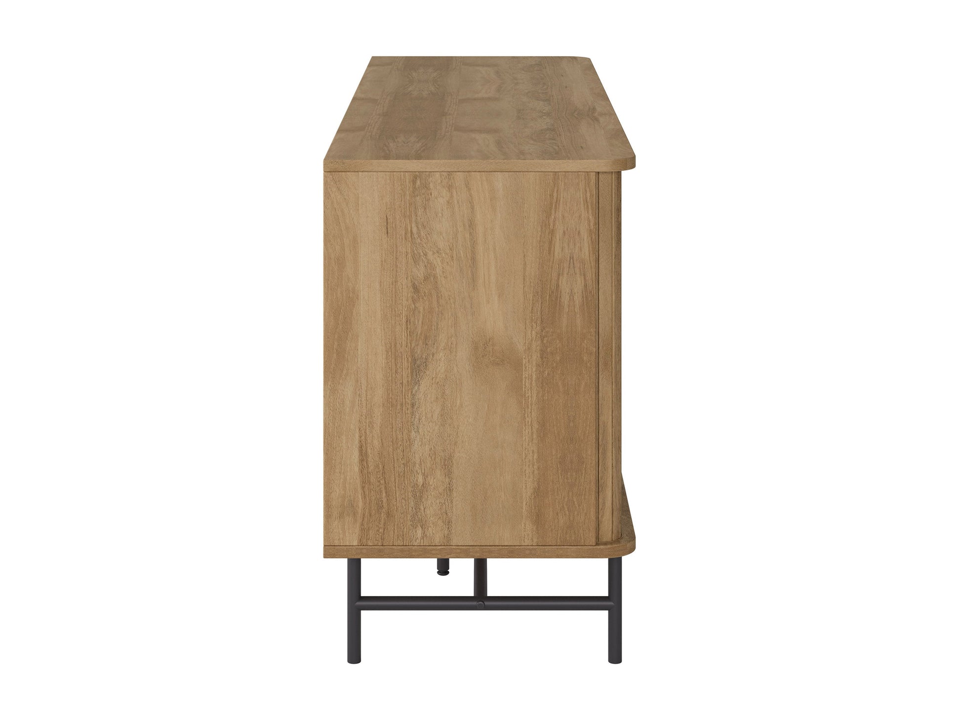 Elegant curved sideboard buffet in dark walnut wood with sleek brass handles, featuring three spacious drawers and two cabinets with intricate herringbone pattern, ideal for modern dining rooms or living spaces.