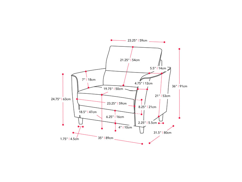 dark grey Modern Accent Chair Caroline Collection measurements diagram by CorLiving