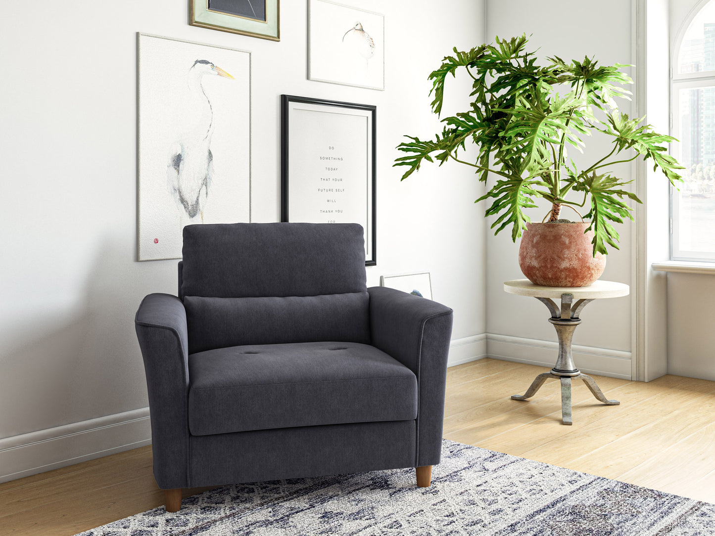 Modern beige armchair with plush cushions, dark wooden legs, and soft fabric upholstery in a living room setting, featuring a cozy, oversized design perfect for relaxation and comfort.