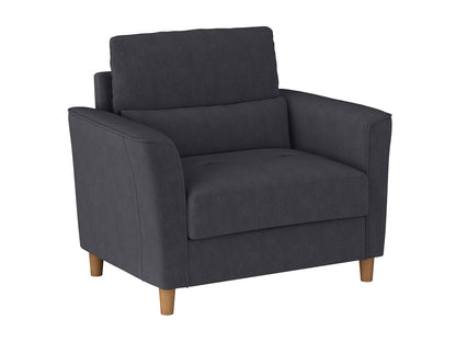 Modern armchair with sleek gray fabric upholstery, plush cushioning, and minimalist design. Features sturdy wooden legs and wide armrests, perfect for contemporary living rooms or cozy reading nooks.