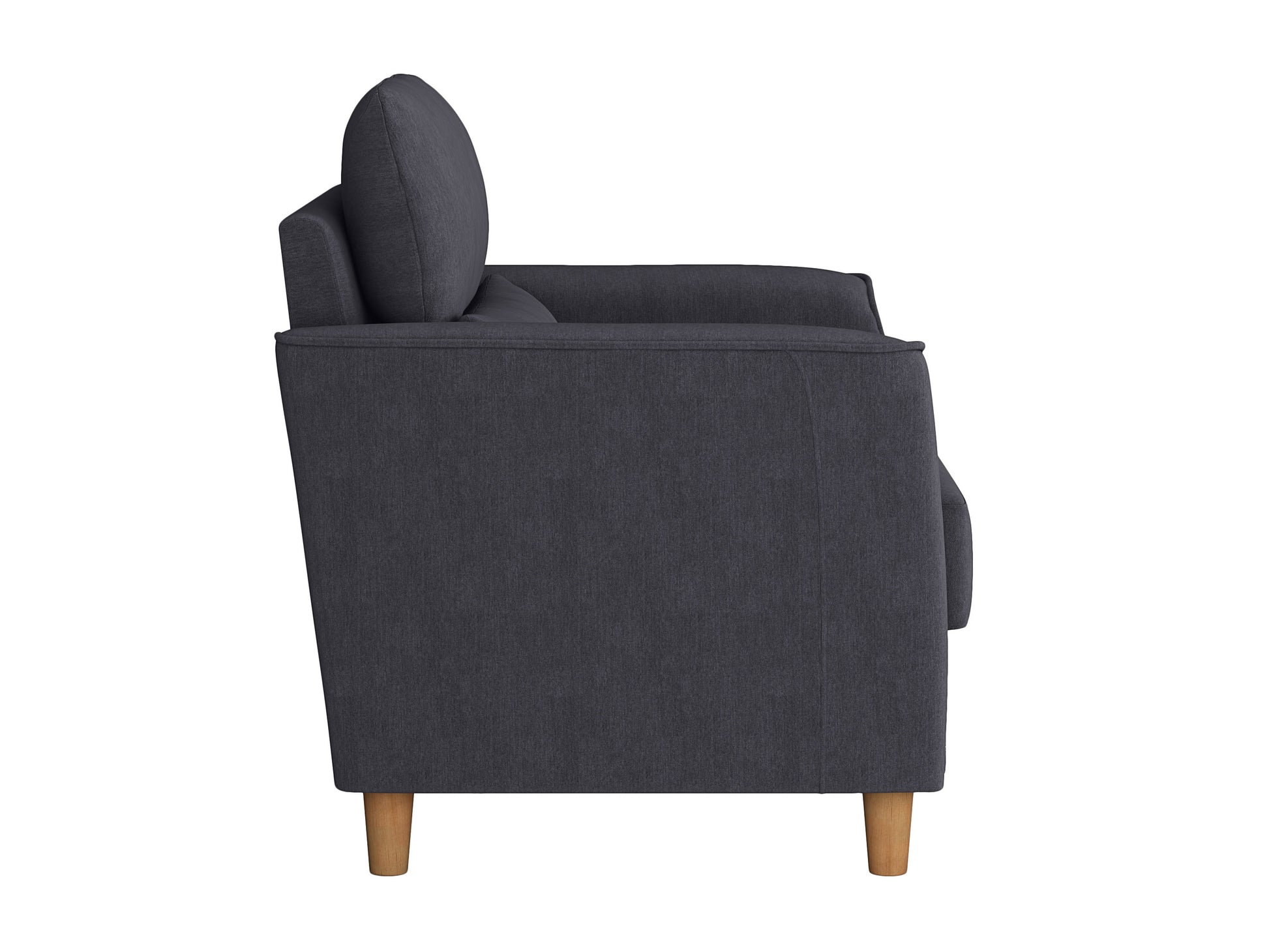 Modern gray armchair with plush cushions, sleek wooden legs, and soft fabric upholstery, ideal for living room or office seating.