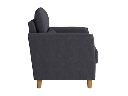 Modern gray armchair with plush cushions, sleek wooden legs, and soft fabric upholstery, ideal for living room or office seating.