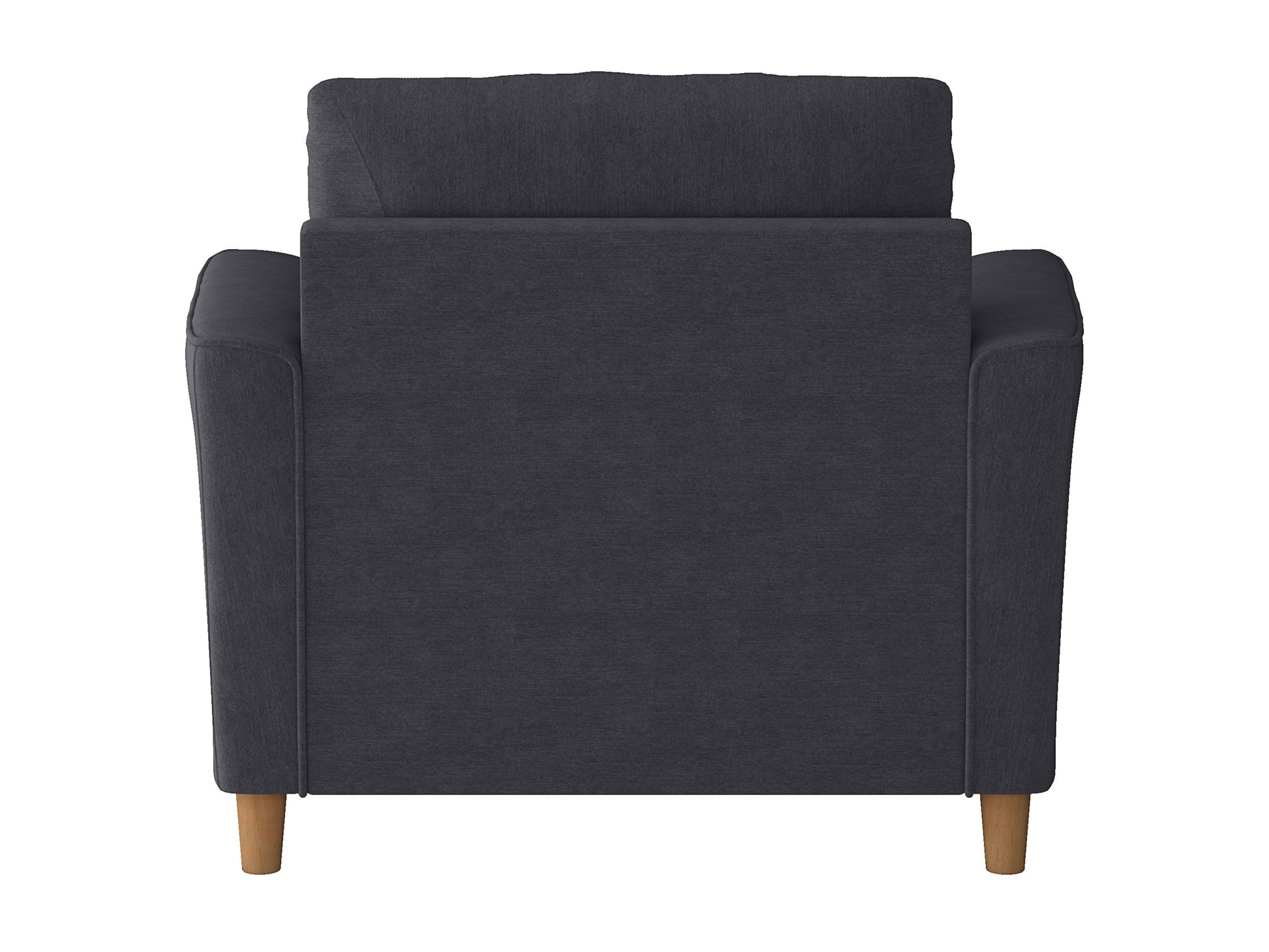 Gray fabric armchair with wooden legs, featuring a plush seat cushion and wide armrests. Ideal for living room or lounge, this comfortable chair offers a modern design and ample seating space for relaxation.
