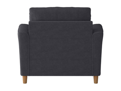 Gray fabric armchair with wooden legs, featuring a plush seat cushion and wide armrests. Ideal for living room or lounge, this comfortable chair offers a modern design and ample seating space for relaxation.