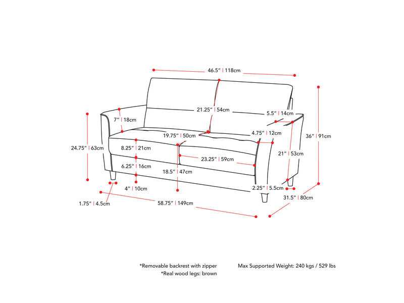 dark grey 2 Seater Sofa Loveseat Caroline Collection measurements diagram by CorLiving