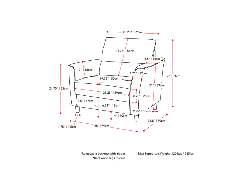 dark grey 2 Seater Loveseat and Chair Set, 2 piece Caroline Collection measurements diagram by CorLiving