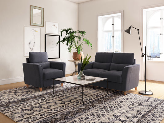 Modern 2-piece sofa set with a 2-seater loveseat and chair in light gray fabric, featuring wooden legs and tufted cushions, ideal for contemporary living rooms.