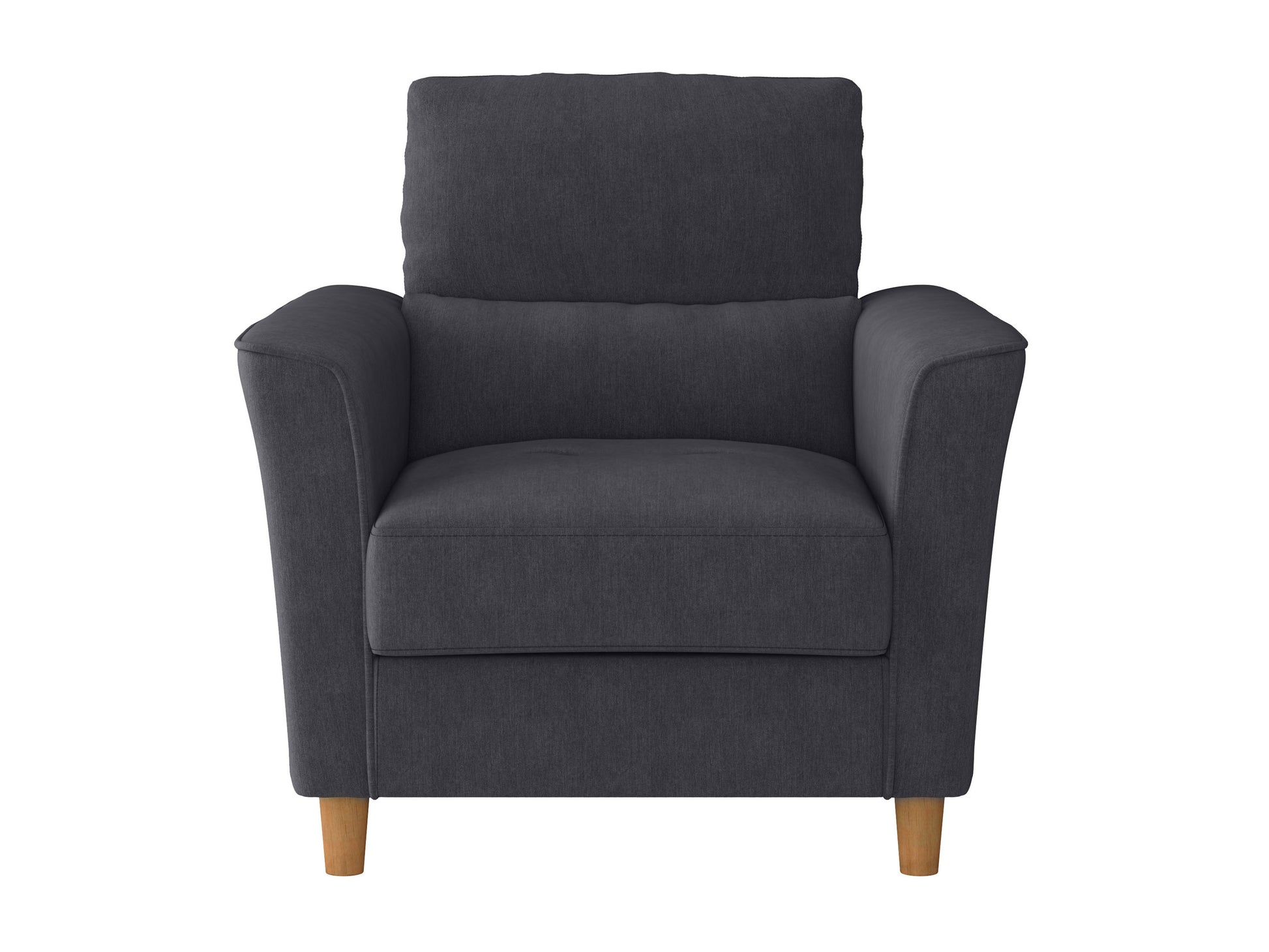 Modern 3 piece living room sofa set with gray fabric upholstery, featuring tufted cushions, sleek wooden legs, and a matching loveseat and armchair. Ideal for contemporary home decor.