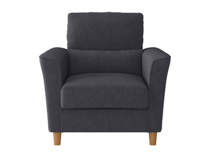 Modern 3 piece living room sofa set with gray fabric upholstery, featuring tufted cushions, sleek wooden legs, and a matching loveseat and armchair. Ideal for contemporary home decor.