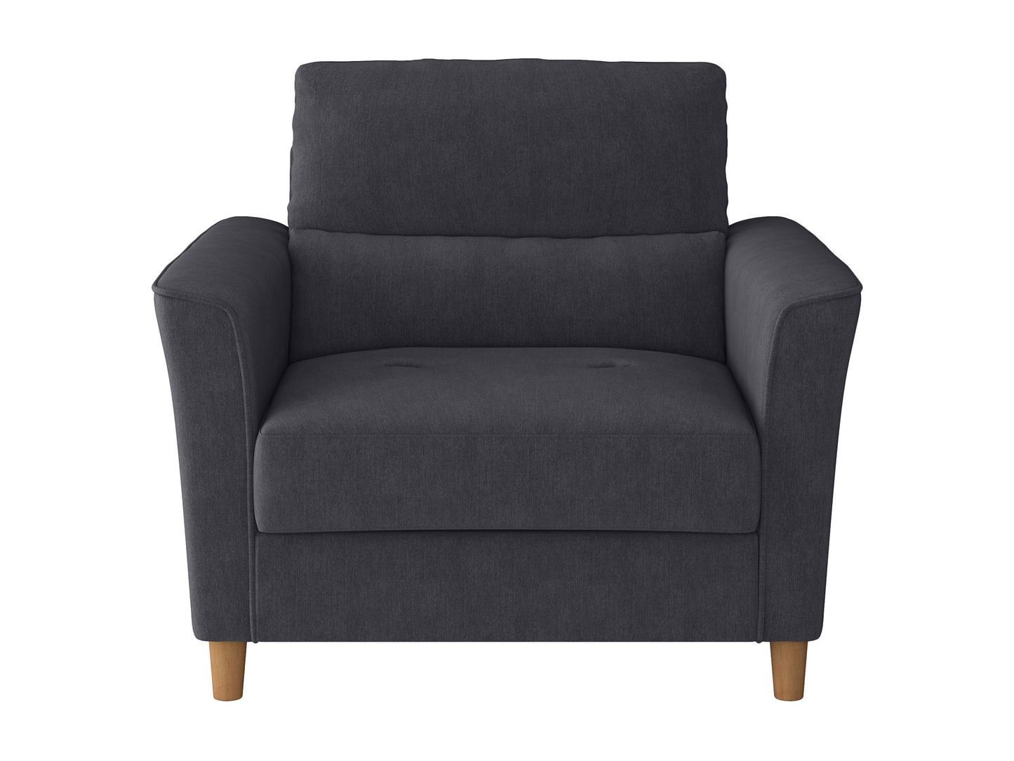 Modern 3-piece living room set with a grey fabric sofa, matching loveseat, and armchair featuring sleek wooden legs and plush cushions for comfort and style.