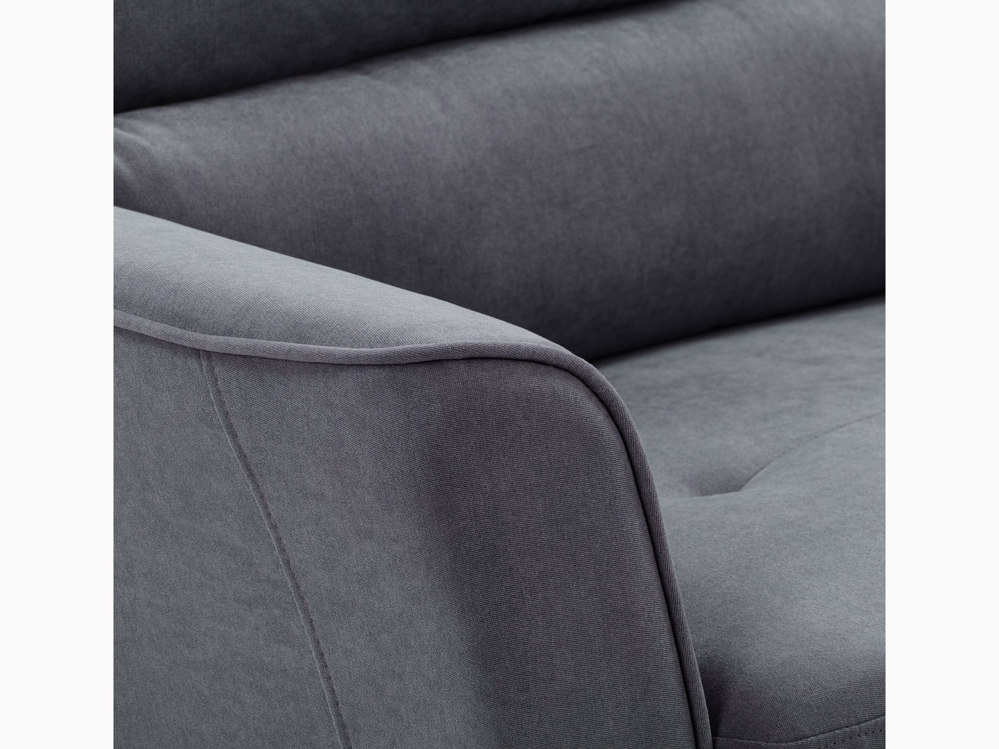 Modern 3 piece living room set featuring a gray fabric sofa with tufted cushions, a matching loveseat, and an armchair, all with sleek wooden legs and a minimalist design perfect for contemporary interiors.