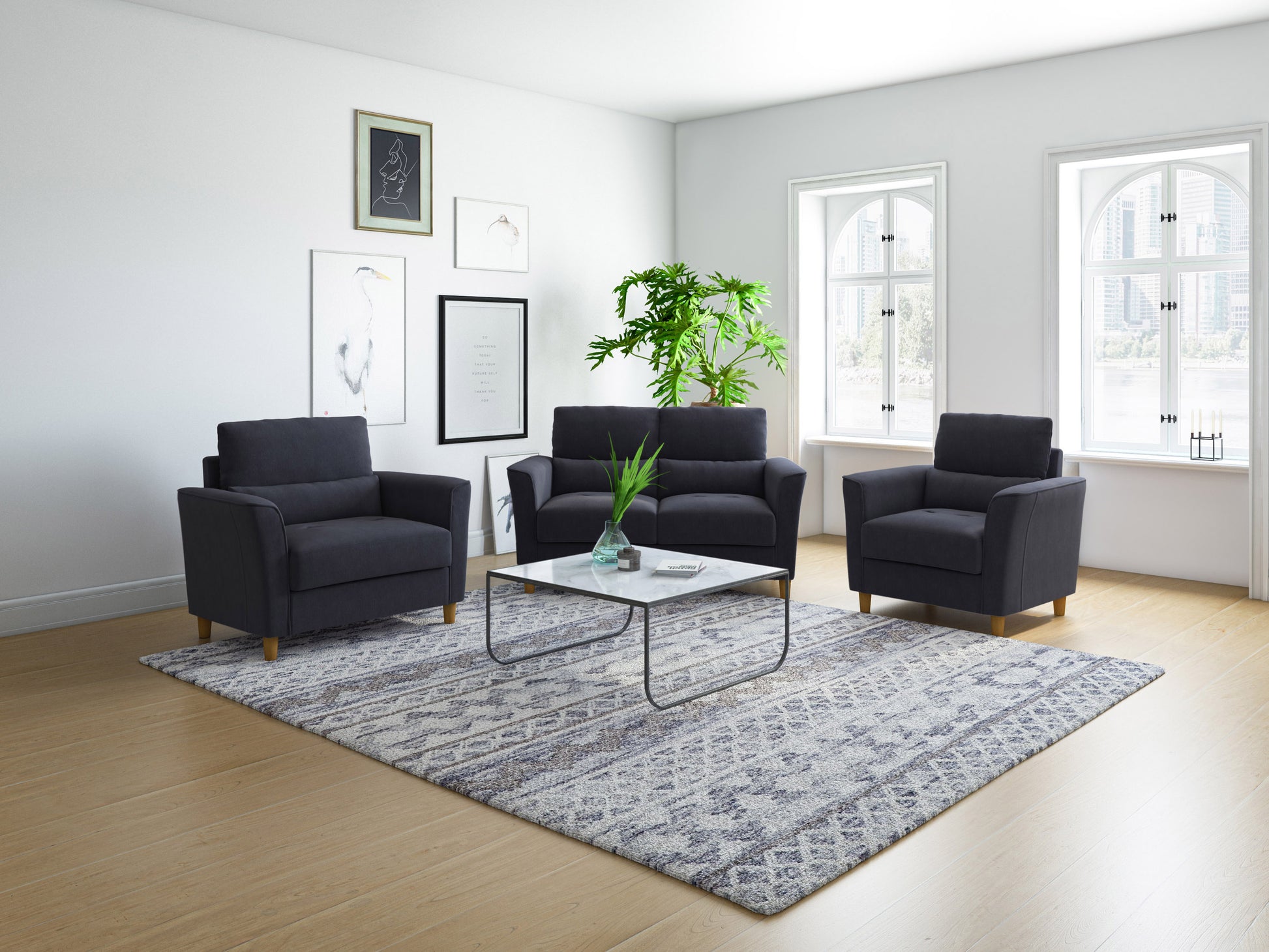 Modern 3 piece living room set with grey fabric upholstery, tufted cushions, and sleek wooden legs. Includes a sofa, loveseat, and armchair, perfect for contemporary home decor.