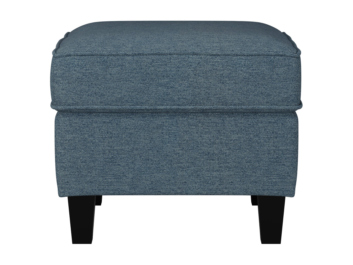 Gray fabric ottoman with tufted top, wooden legs, and mid-century modern design.