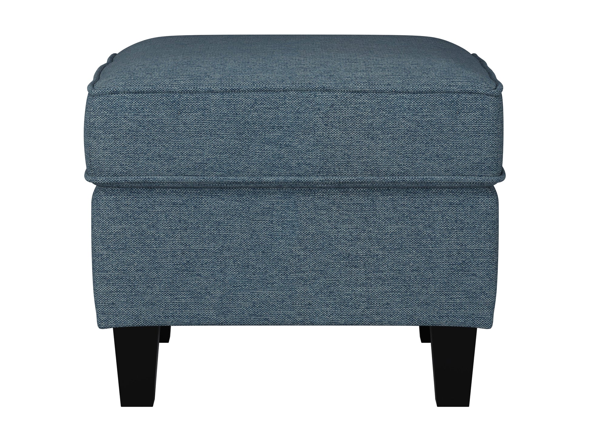 Gray fabric ottoman with tufted top, wooden legs, and mid-century modern design.