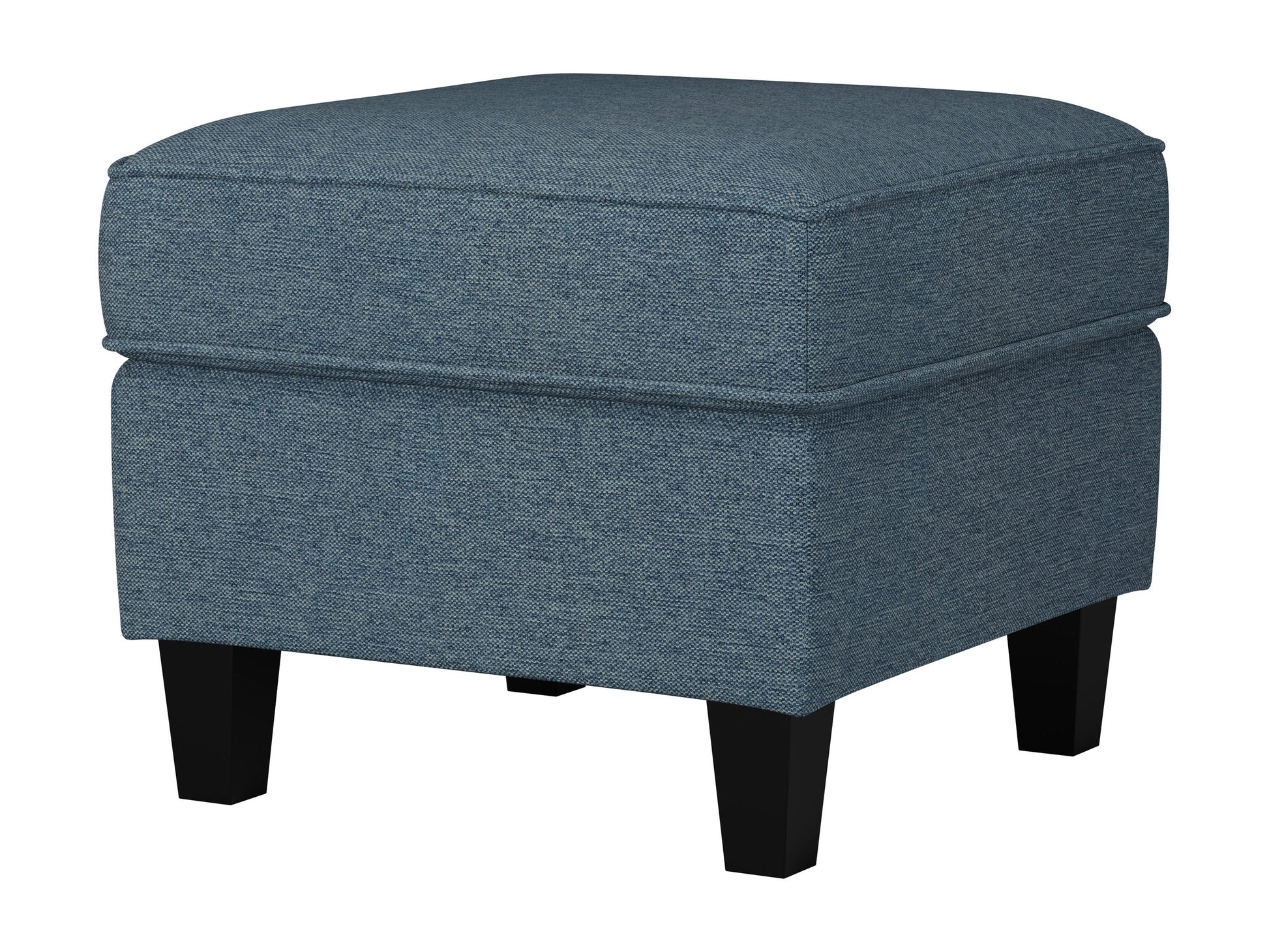 Gray fabric ottoman with tufted top, wooden legs, and a contemporary design, perfect for living room or bedroom decor.