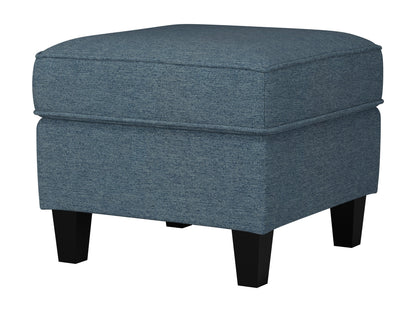 Gray fabric ottoman with tufted top, wooden legs, and a contemporary design, perfect for living room or bedroom decor.